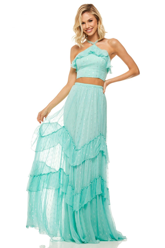 Sherri Hill - 52798 Ruffle Detailed Halter Neck Two Piece Long Dress In Blue and Green