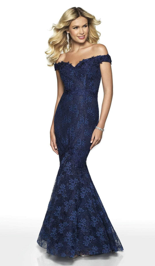 Intrigue by Blush - 528 Lace Off-Shoulder Mermaid Dress In Blue