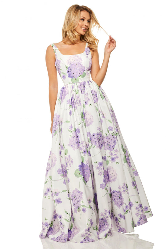 Sherri Hill - 52815 Square Long Print Dress In White and Purple