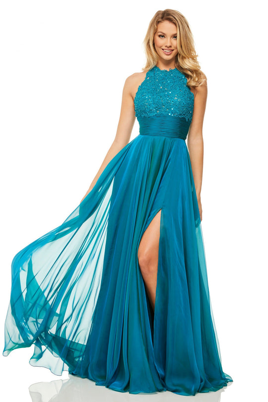 Sherri Hill - 52817 Lace Appliqued High Slit Chiffon Gown In Blue