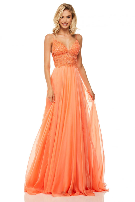 Sherri Hill - 52818 Long Appliqued Illusion Midriff Chiffon Dress In Orange