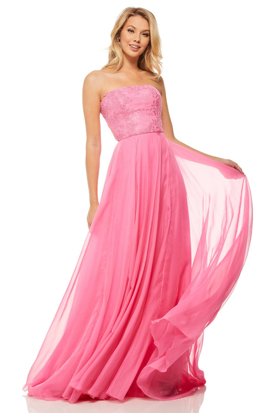 Sherri Hill - 52822 Strapless Chiffon A-Line Gown with Lace Appliques In Pink