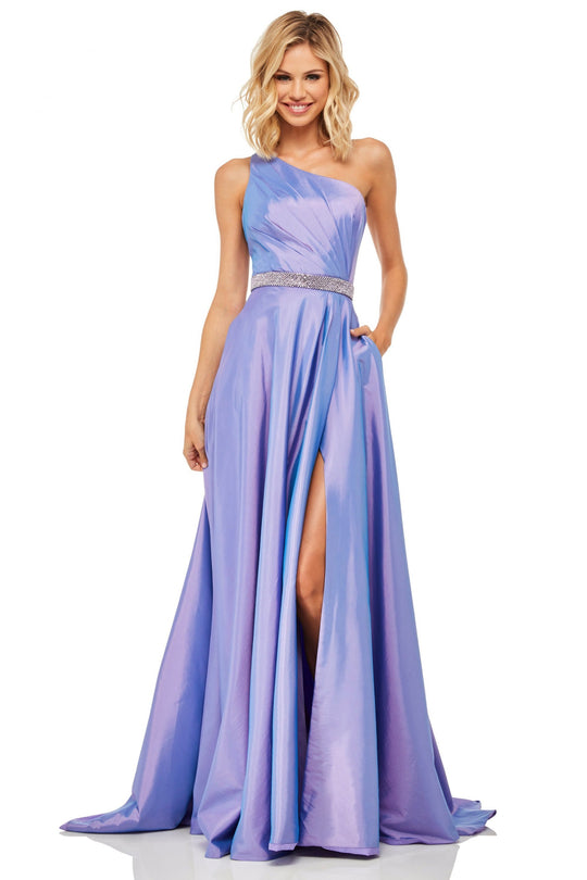 Sherri Hill - 52838 Ruched Bodice Asymmetrical High Slit Gown In Purple