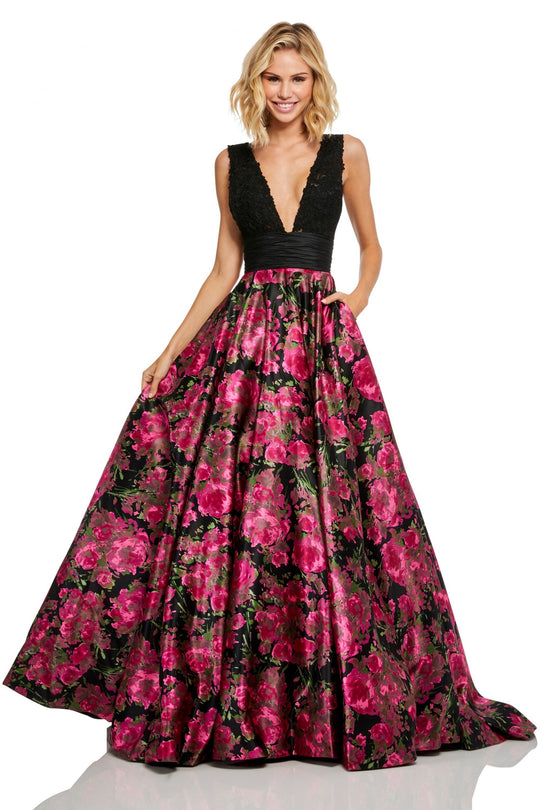 Sherri Hill - 52861 V-Neck Black Print Dress In Black and Pink