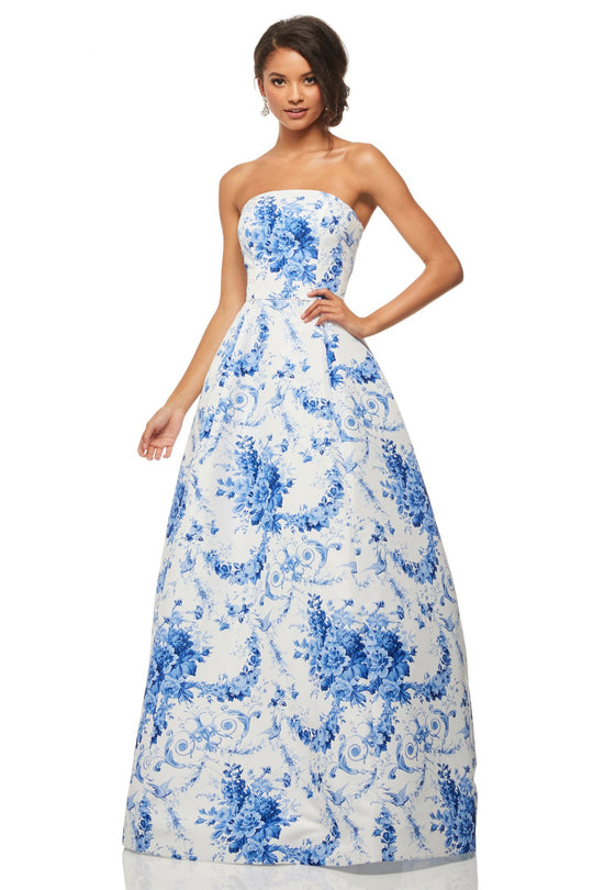 Sherri Hill - 52864 Strapless Printed Ball Gown In White and Blue