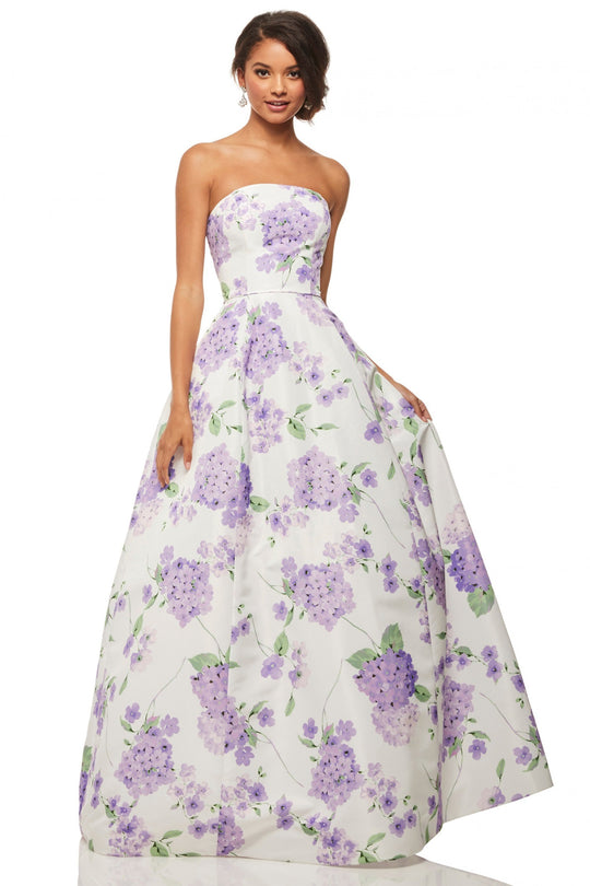 Sherri Hill - 52865 Strapless Floral Print Taffeta Ballgown In White and Print