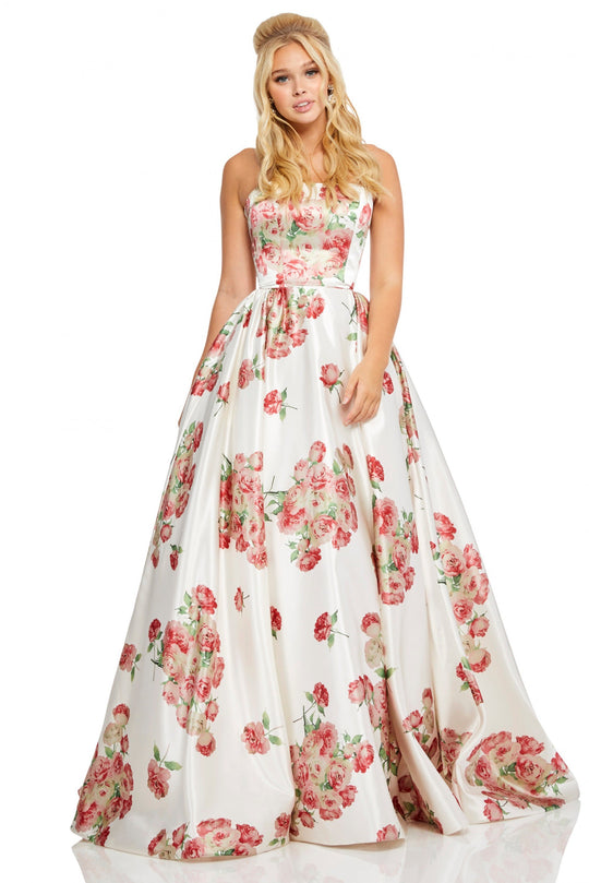 Sherri Hill - 52867 Strapless A Line Printed Dress In White and Red