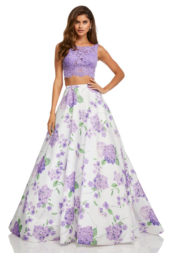 Sherri Hill - 52870 Two Piece Lace A-line Dress In White and Purple