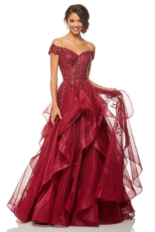 Sherri Hill - 52880 Metallic Lace Off The Shoulder Tulle Ballgown In Red