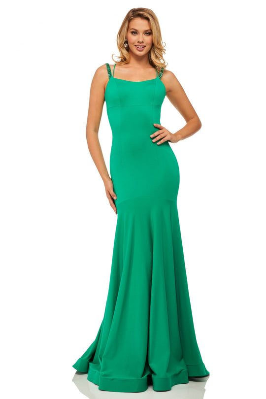 Sherri Hill - 52883 Scuba Scoop Neck Mermaid Dress With Open Back In Green