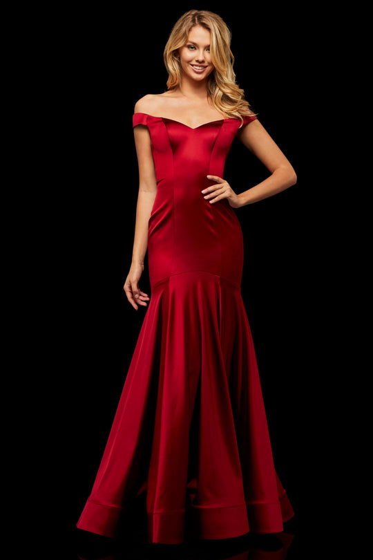 Sherri Hill - 52885 Off-Shoulder Stretch Satin Mermaid Dress In Red