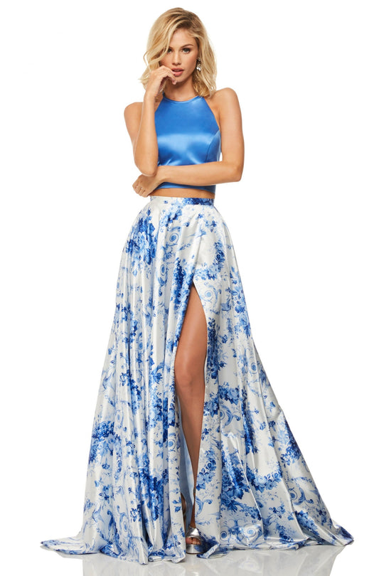Sherri Hill - 52894 Two Piece Print Long Dress In White and Blue