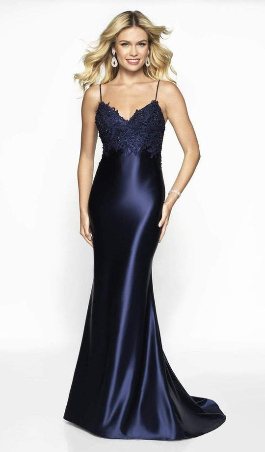 Blush by Alexia Designs - 529 Beaded Lace Appliqued Top Satin Evening Gown In Blue