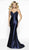 Intrigue by Blush - 529 Lace V-neck Satin Trumpet Dress In Blue