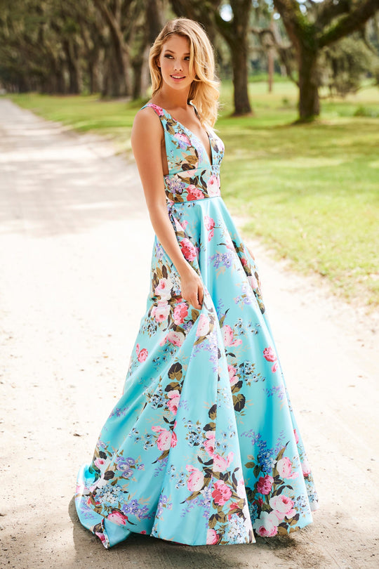 Sherri Hill - 52909 Floral Print Deep V-neck A-line Dress In Blue and Print