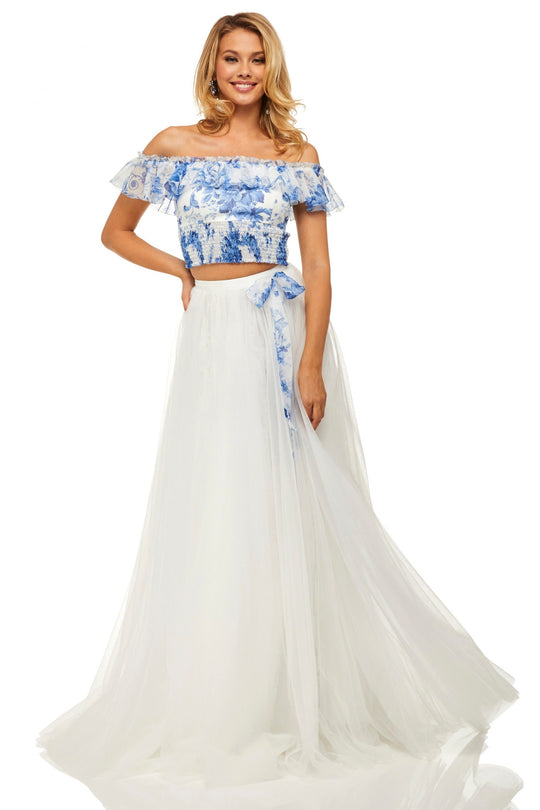 Sherri Hill - 52910 Two Piece Tulle Dress In White and Blue