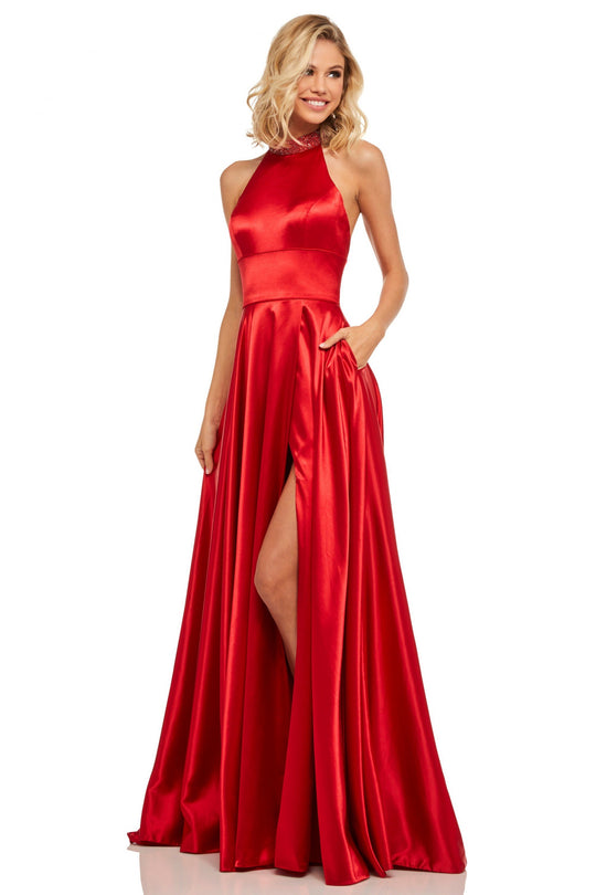 Sherri Hill - 52920 Beaded High Halter Neckline Satin Dress In Red