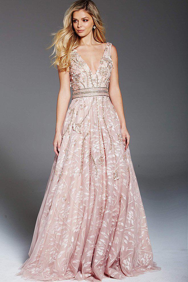 53038 Embellished Deep V-neck Ballgown