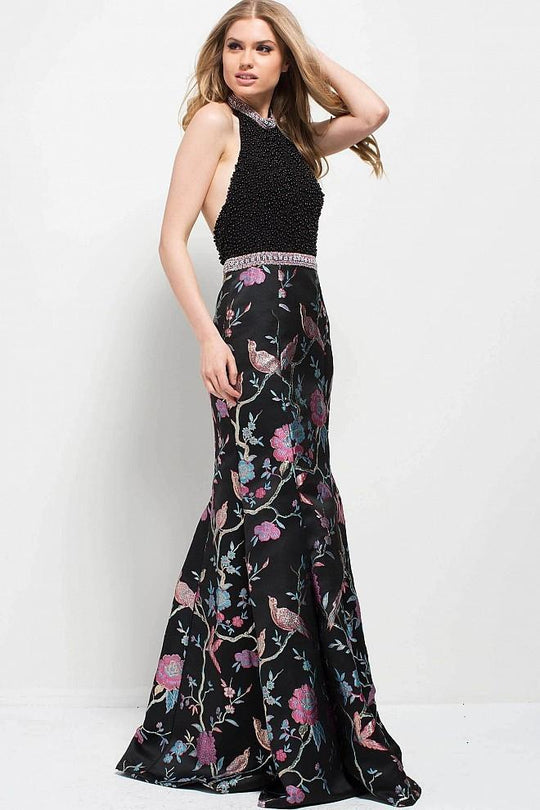 53081 Pearl Embellished Halter Floral Evening Dress