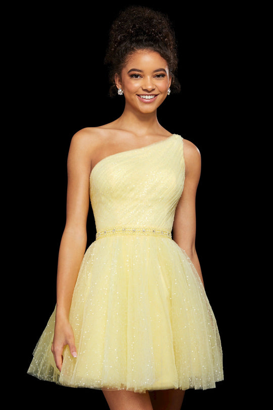 Sherri Hill - 53086 Short Beaded Asymmetric Tulle A-line Dress In Yellow