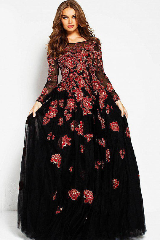 53088 Floral Embroidered Illusion Bateau A-line Dress