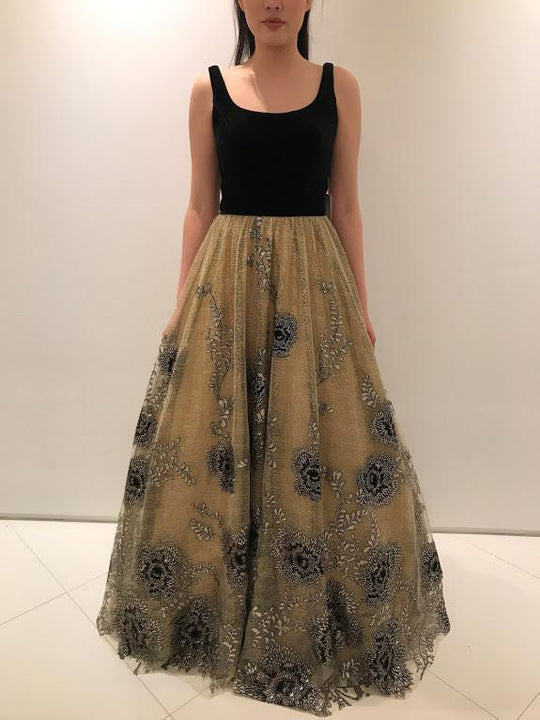 55044 Sleeveless Velvet Top with Gold Embroidered Skirt