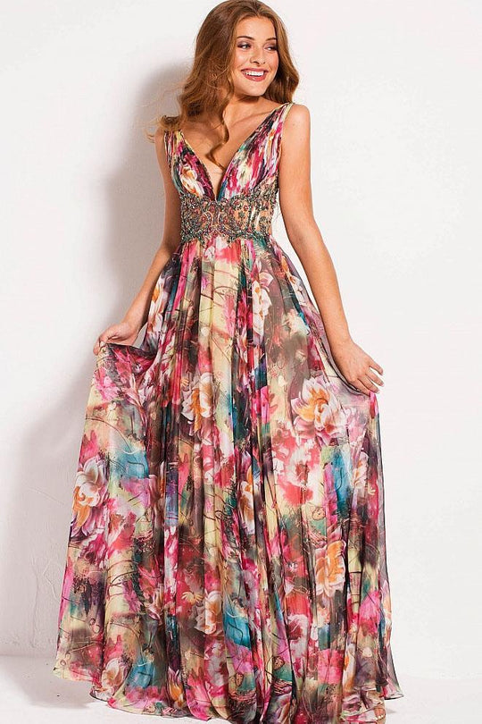 53091 Multi Colored Floral Chiffon Prom Dress