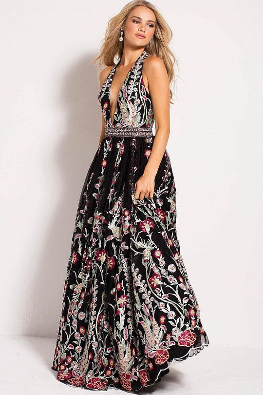 53100 Floral Embroidered V Neck Prom Ballgown