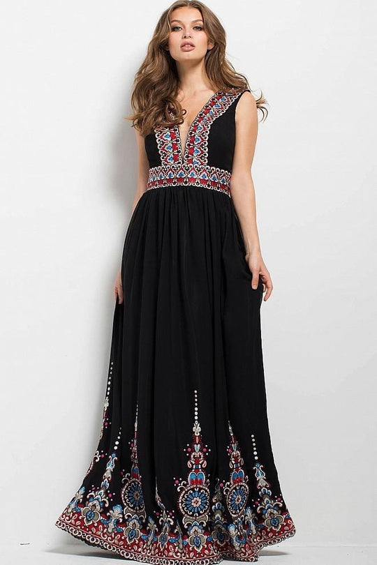 53103 V-Neck Multicolor Embroidered Flowy Dress