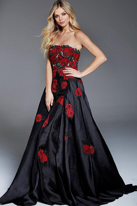 53111 Floral Applique Straight Across Neck Ballgown