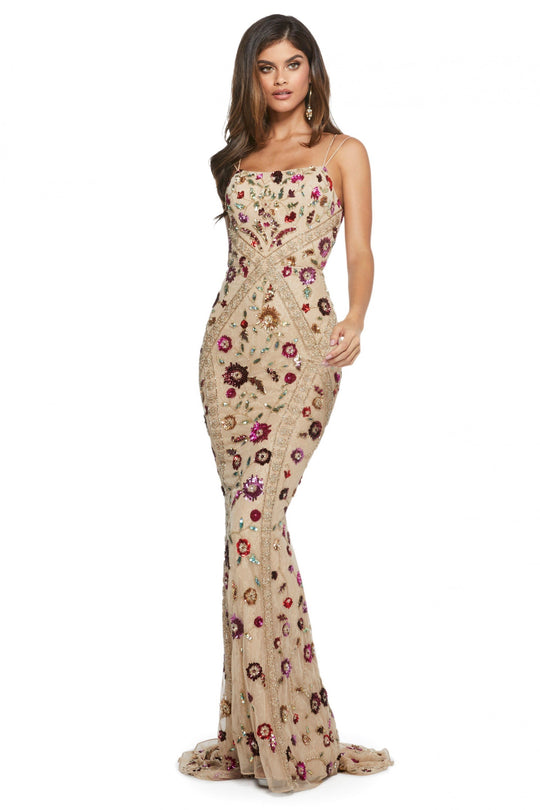 Sherri Hill - 53134 Beaded Lace Long Dress With Train In Neutral and Multi-Color