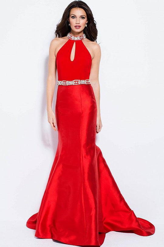 53206 Beaded High Halter Taffeta Mermaid Gown