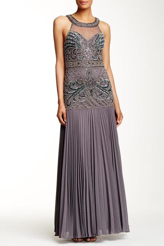 Sue Wong - Bedazzled Halter Neck Pleated Dress N5350NM in Gray