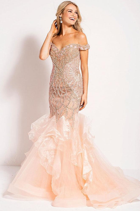 53396 Beaded Off-Shoulder Organza Mermaid Gown