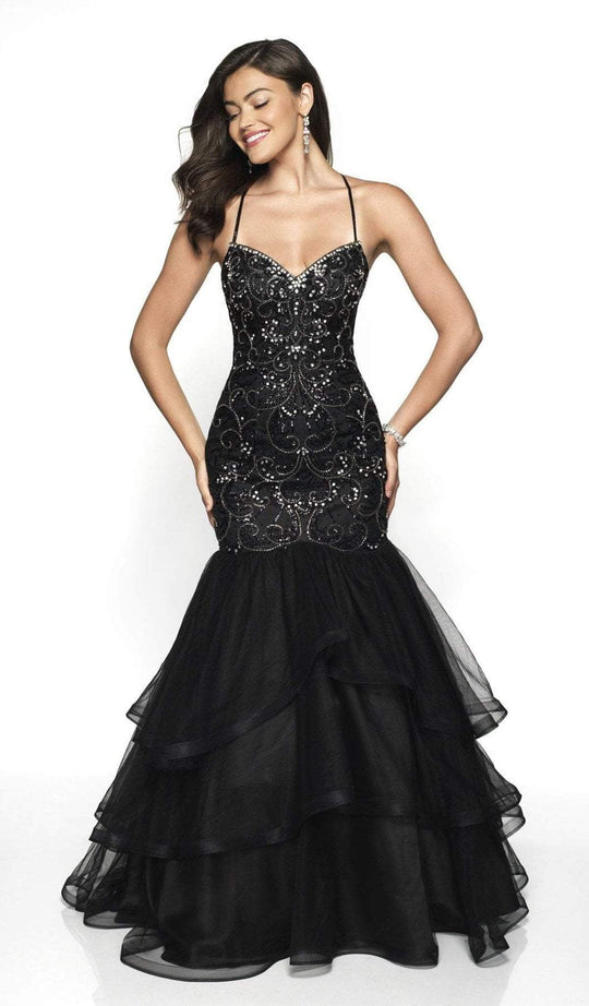 Intrigue by Blush - 536 Beaded Ruffled Trumpet Dress In Black