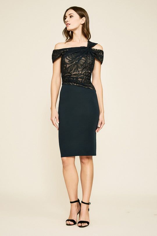 Tadashi Shoji - Knee Length Twist Knot Off Shoulder Dress In Blue and Neutral