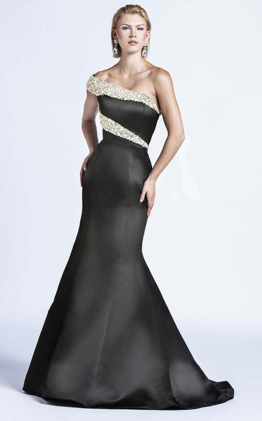 Ashley Lauren - 1082 Pearl Beaded Asymmetric Trumpet Dress in Black