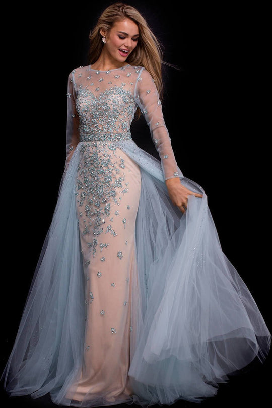 53743 Adorned Illusion Long Sleeve Overskirt Gown