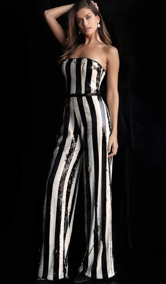 Jovani - 65397 Strapless Striped Sequined Jumpsuit in Black and White