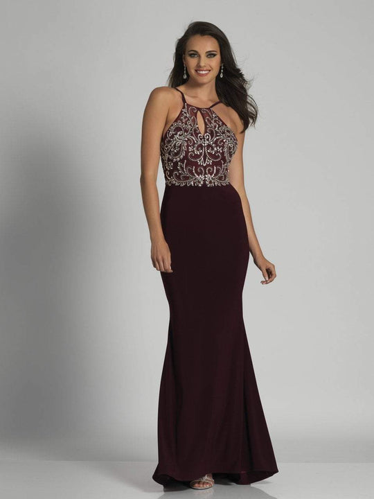 Dave & Johnny - A5433 Crystal Embellished Halter Fitted Dress in Red