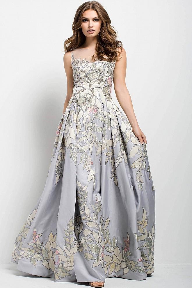 54403 Leaves Illusion Patterned Evening Gown