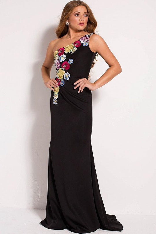 54421 Floral Applique Asymmetric Jersey Sheath Dress