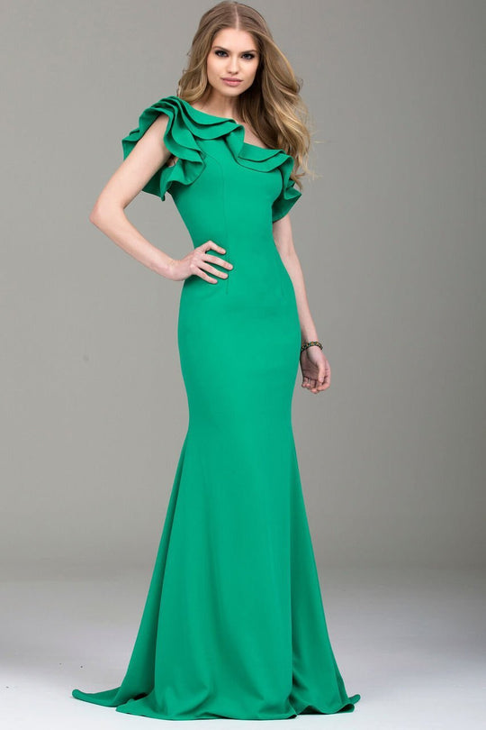 54423 Ruffled Asymmetrical Sheath Gown