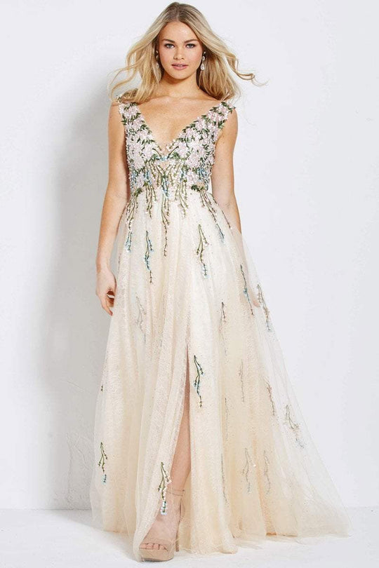 54445 Embroidered Plunging A-Line Evening Dress