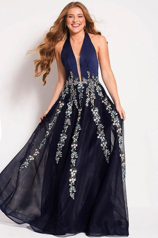 54451 Plunging Halter Floral Embroidered Prom Gown