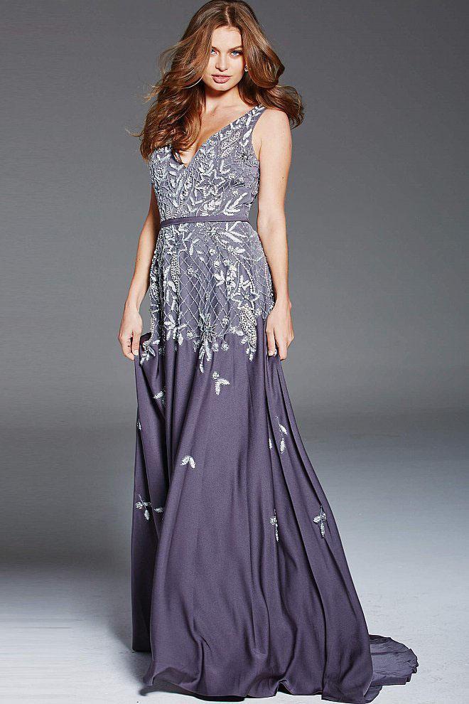 54456 Bedazzled Deep V-neck A-line Gown