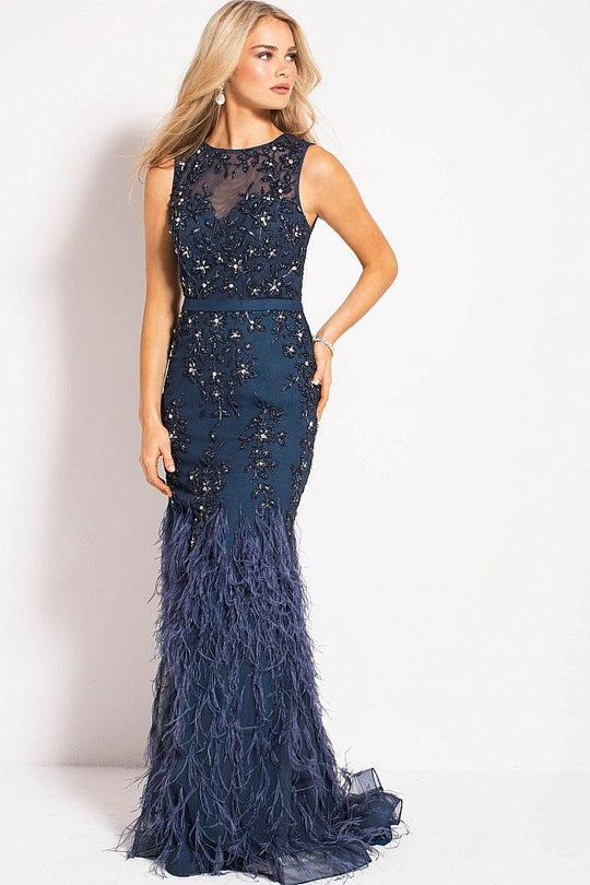 54462 Embellished Illusion Jewel Sheath Feather Dress
