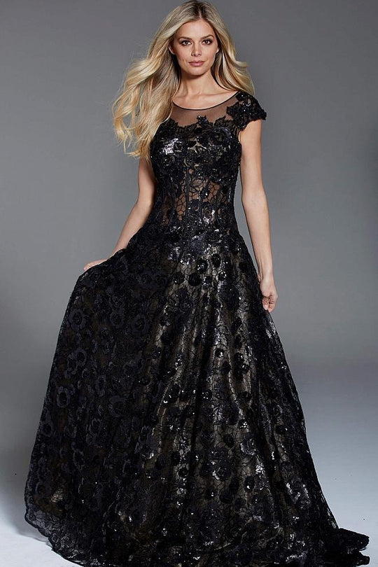 54480 Floral Appliqued Cap Sleeves Evening Gown