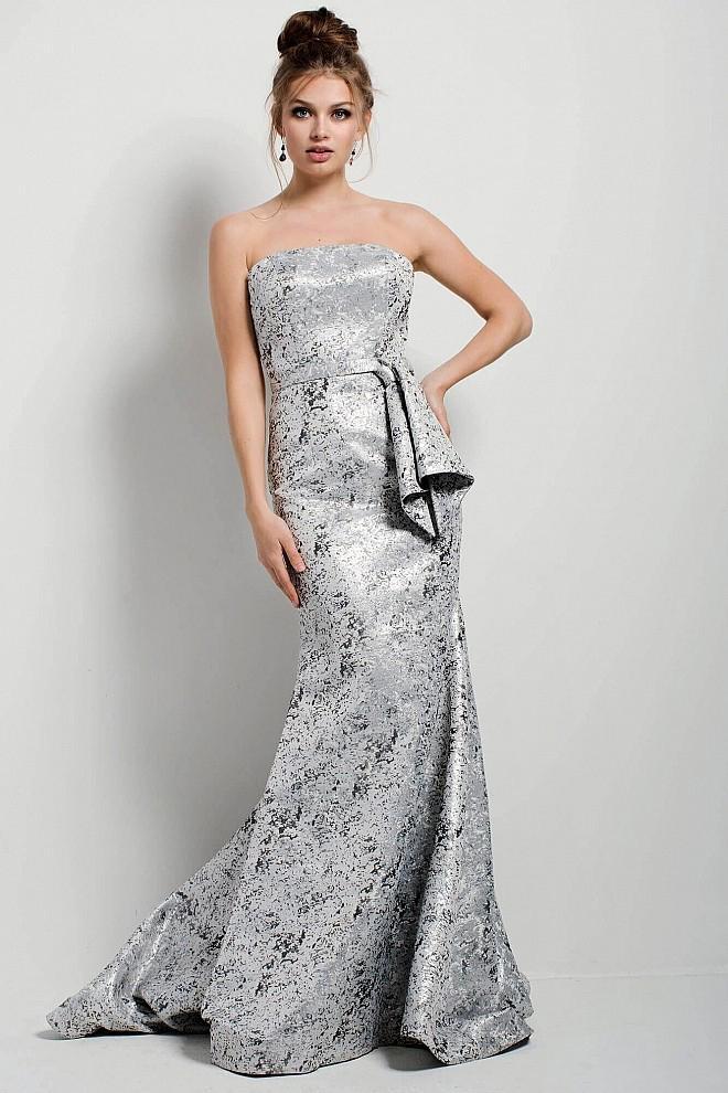 54506 Strapless Silver Abstract Evening Dress
