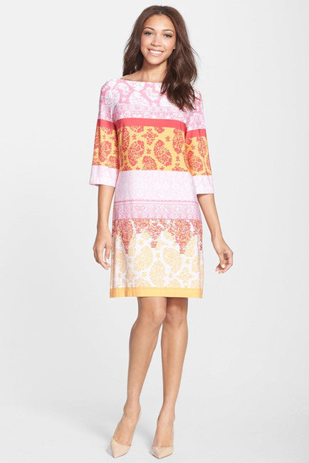 Donna Morgan - D8890M Colorful Print Jersey Shift Dress in Pink and Multi-Color